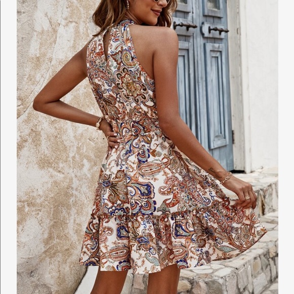Boho Floral Paisley Print Halter Belted Mini Dress - Picture 3 of 6